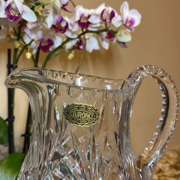 Vintage Europa Hand Cut 24% Lead Crystal Diamond & Starburst Motif Jug Pitcher - Picture 7 of 9
